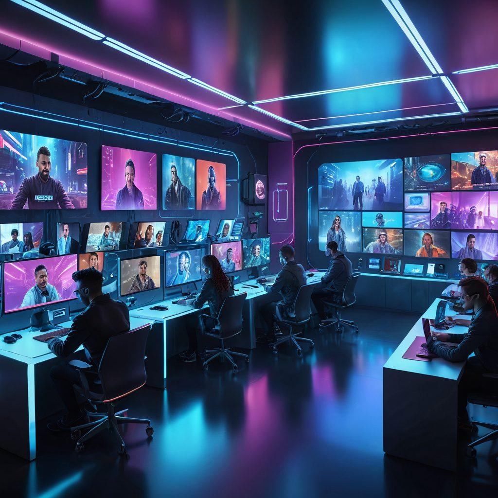 A dynamic scene showcasing a vibrant, futuristic room filled with people of diverse backgrounds engaged in real-time video chats on various screens. The room should have holographic interfaces, high-tech gadgets, and a sense of global connectivity. Highlight friendly interactions and a lively atmosphere. cyberpunk. vibrant colors. 3D.