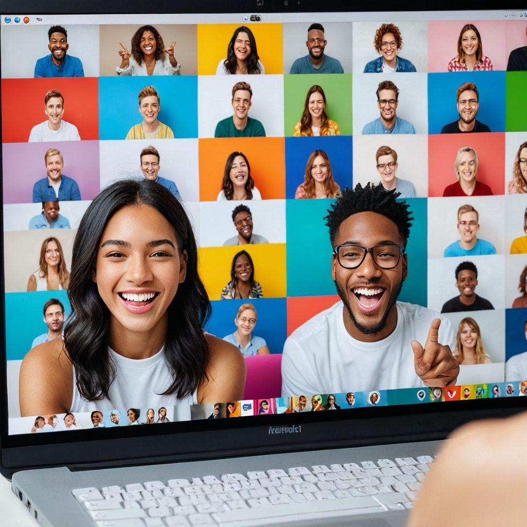Two people engaging in a lively HD video chat on a computer screen, while multiple colorful thumbnails of other ongoing cam-to-cam streams surround the screen. Show expressions of joy and excitement on the faces of the participants with a dynamic, bustling background of digital content. Incorporate a modern, tech-savvy atmosphere. super-realistic. vibrant colors. white background.