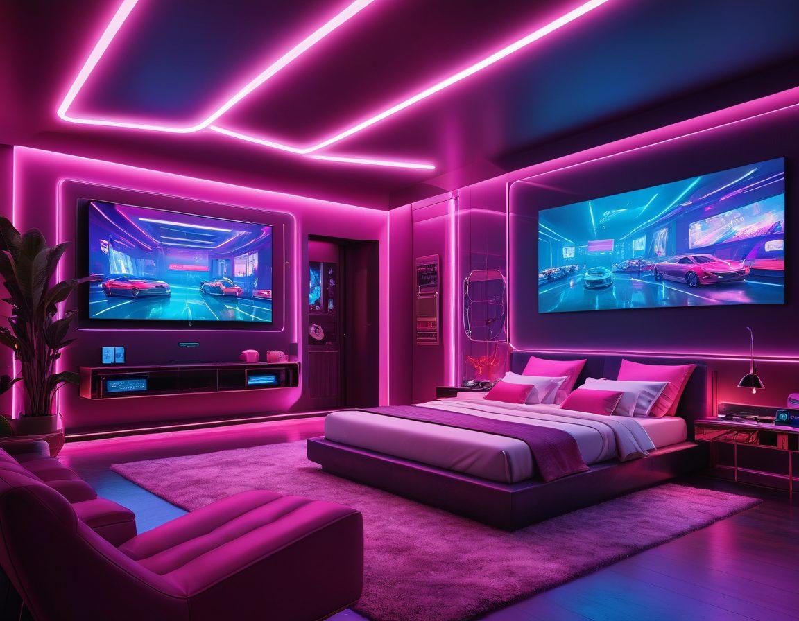 A luxurious, dimly lit room with a high-tech setup featuring multiple screens showing engaging, interactive webcam streams. Include a stylish individual engaging with the streams, exuding confidence and allure. Neon lights and futuristic design elements enhance the premium atmosphere, with subtle, suggestive imagery that stays tasteful. super-realistic. vibrant colors.
